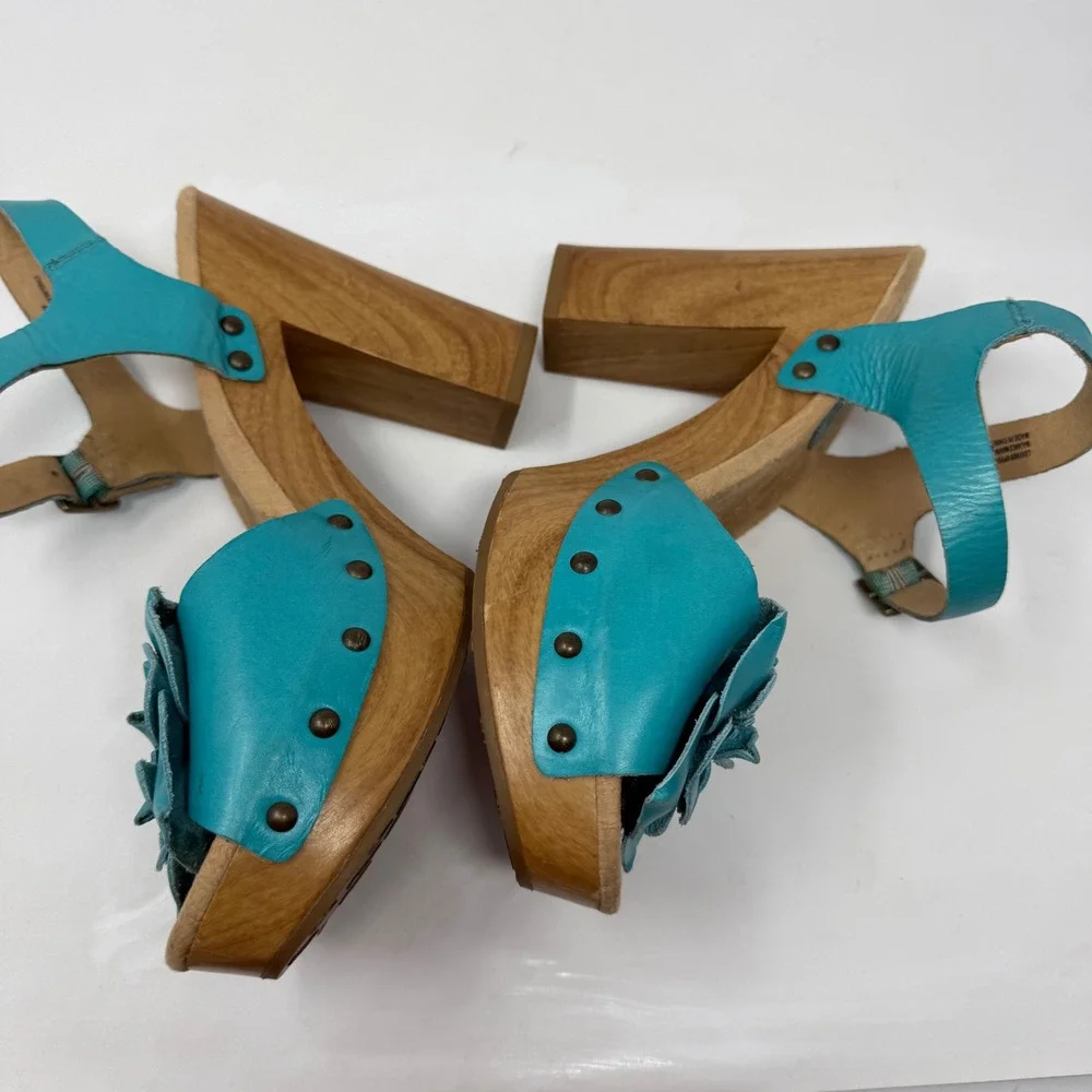 Korks by Kork-Ease Womens Turquoise Leather Floral Wood Platform Sandals Q65413